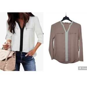 Gaharu Long or 3/4 Sleeve V Neck Chiffon Blouse in Mauve & White Size Small
